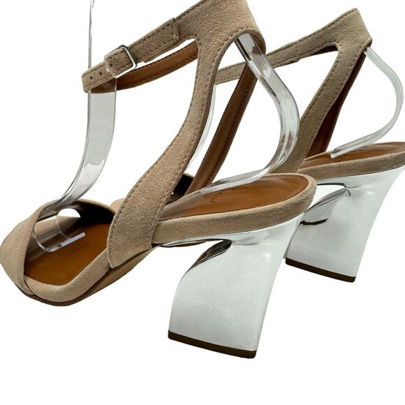 Halston Simi Blush Pink Kid Suede Leather Silver Metallic Block Heel Sandals - Picture 9 of 12